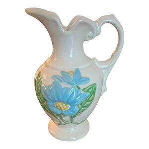 Vintage Hull Art Pottery Ewer Pitcher With Blue Floral Design 5.5" Tall